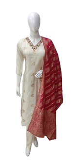 Beautiful v neck tissue suit with Banarasi dupatta