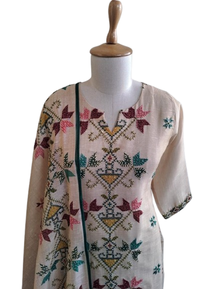 Linen Chanderi katha stitch suit set