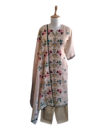 Linen Chanderi katha stitch suit set