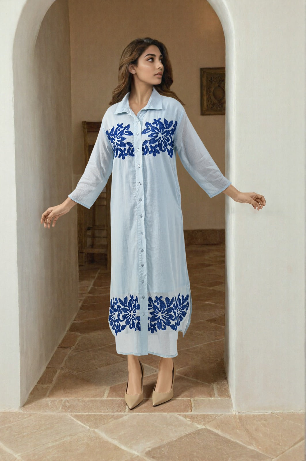 RESTOCKED!! Blue appliqué work Mul cotton lining smart shirt dress
