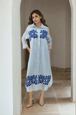RESTOCKED!! Blue appliqué work Mul cotton lining smart shirt dress