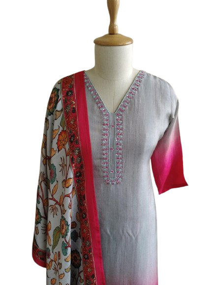 Smart Dola silk ombré effect suit suit paired up with a gorgeous kalamkari dupatta