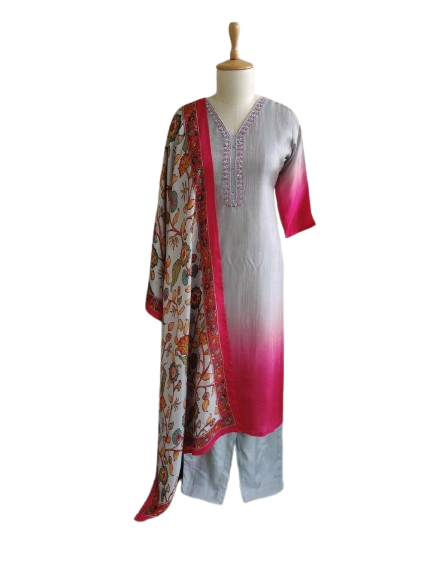 Smart Dola silk ombré effect suit suit paired up with a gorgeous kalamkari dupatta