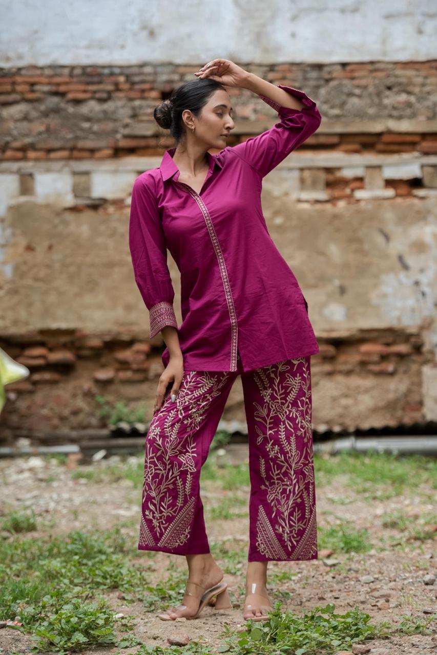 Pink cotton embroidered co ord set