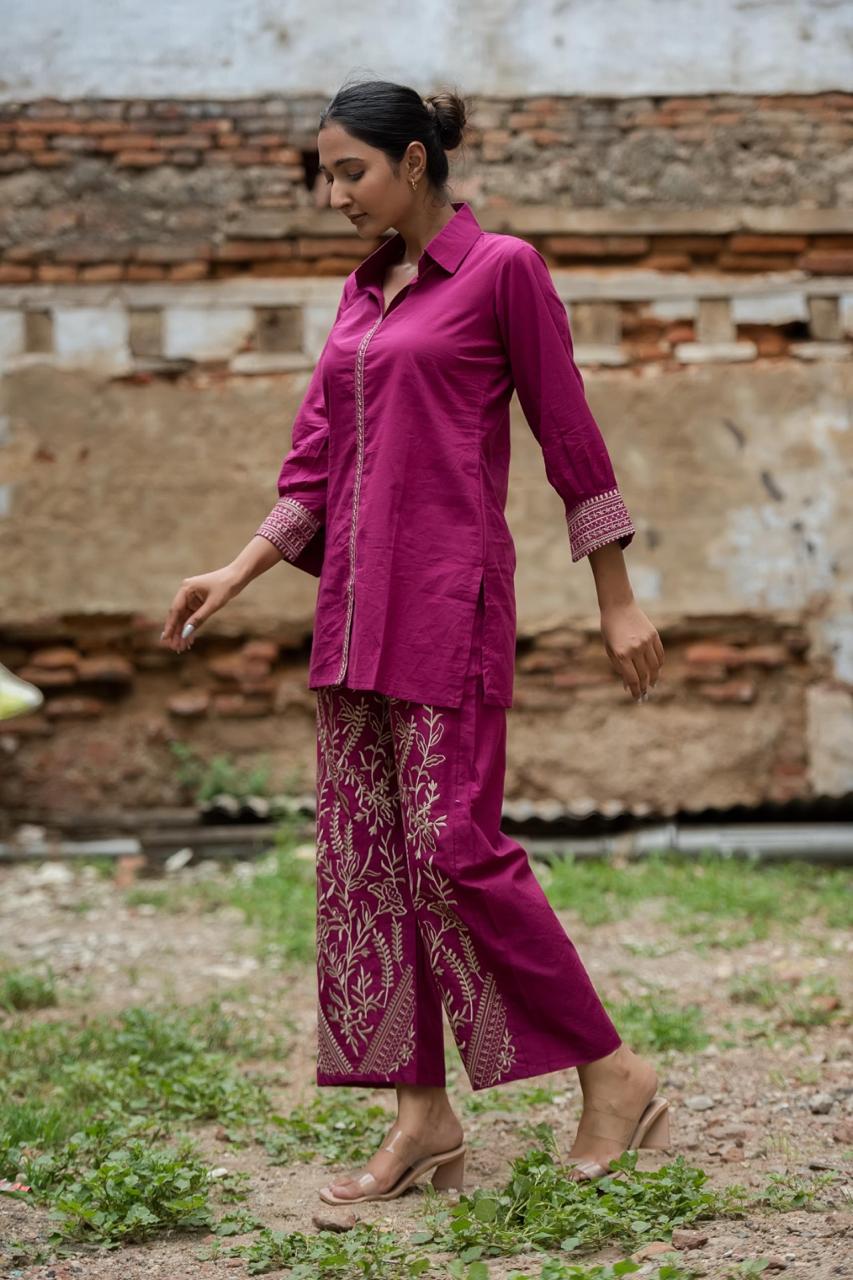 Pink cotton embroidered co ord set