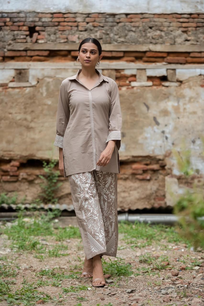 Beige cotton embroidered co ord set