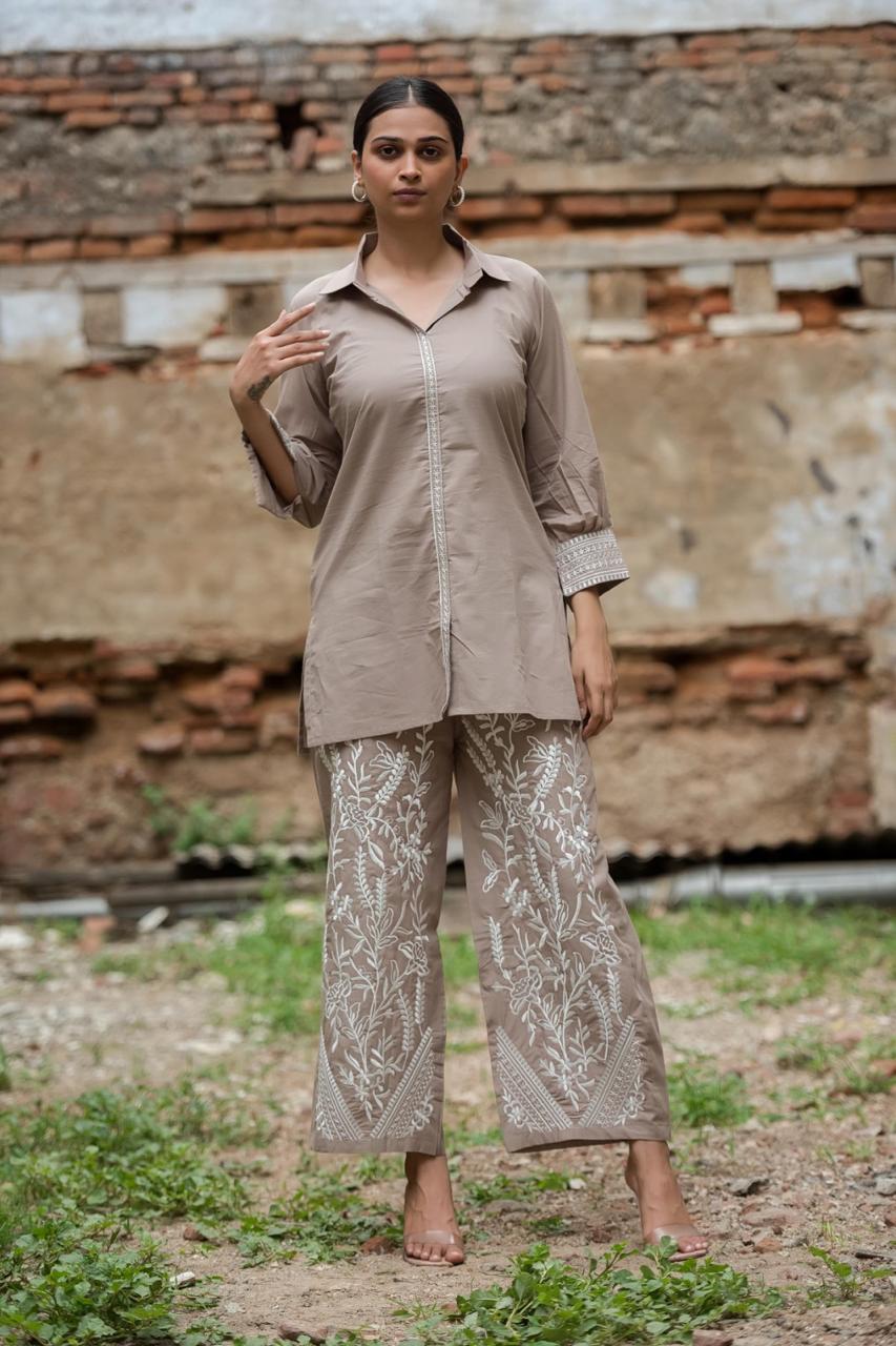 Beige cotton embroidered co ord set