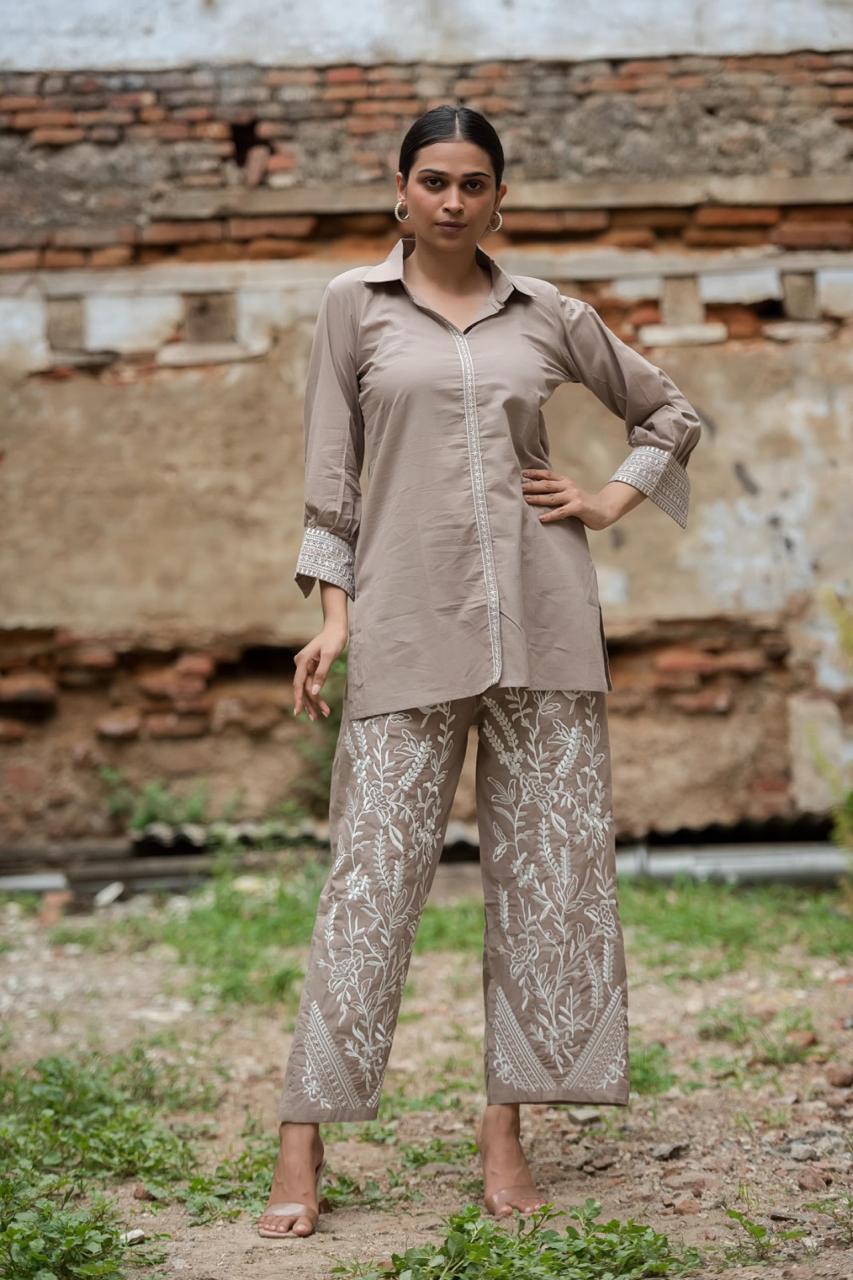 Beige cotton embroidered co ord set