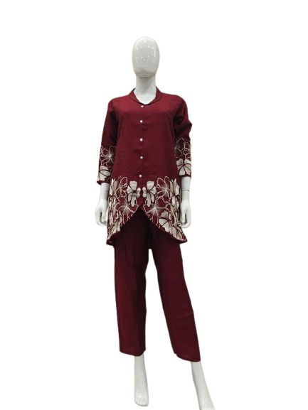 Muslin embroidered co ord set in red