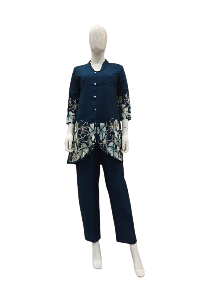 Muslin embroidered co ord set in blue