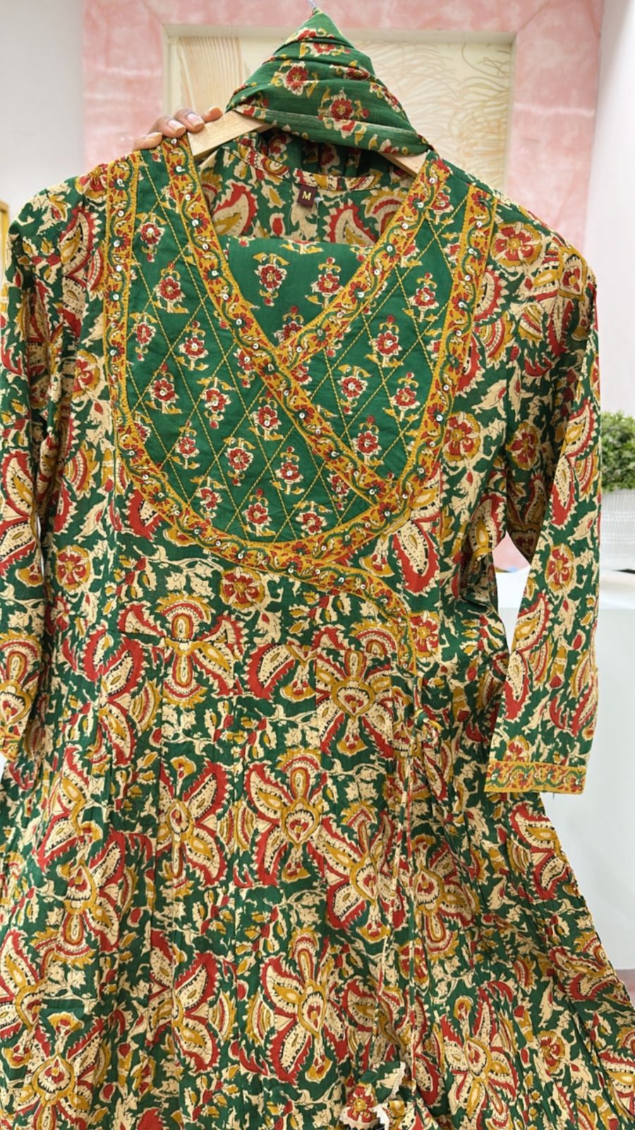 Smart cotton Angrakha pattern full suit set in green