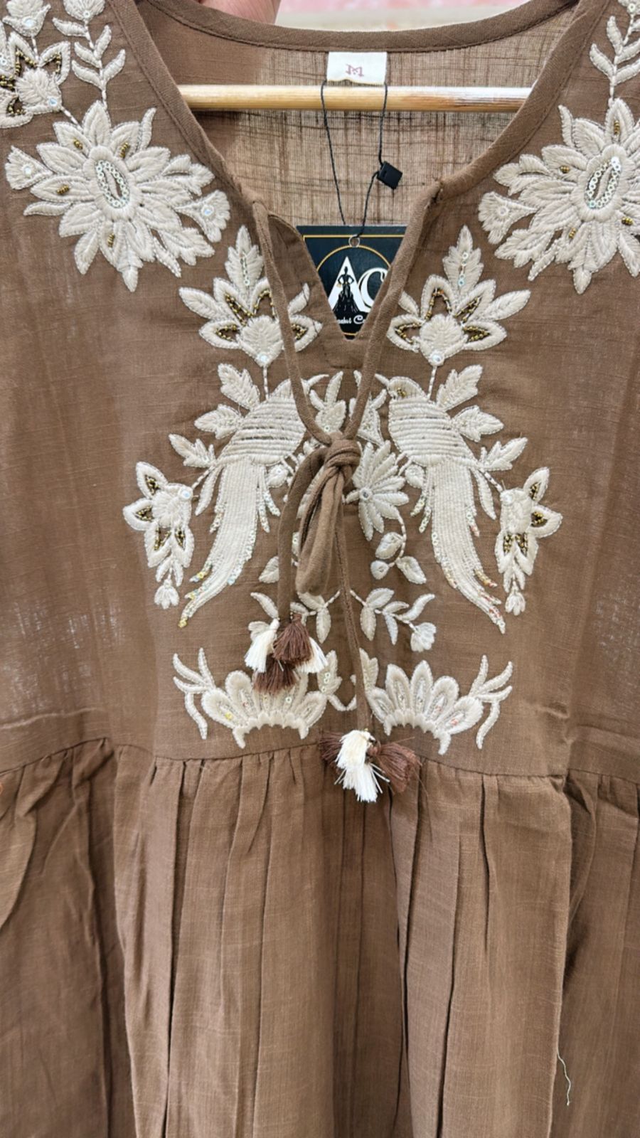 Slub cotton fully embroidered co ord set in mouse colour