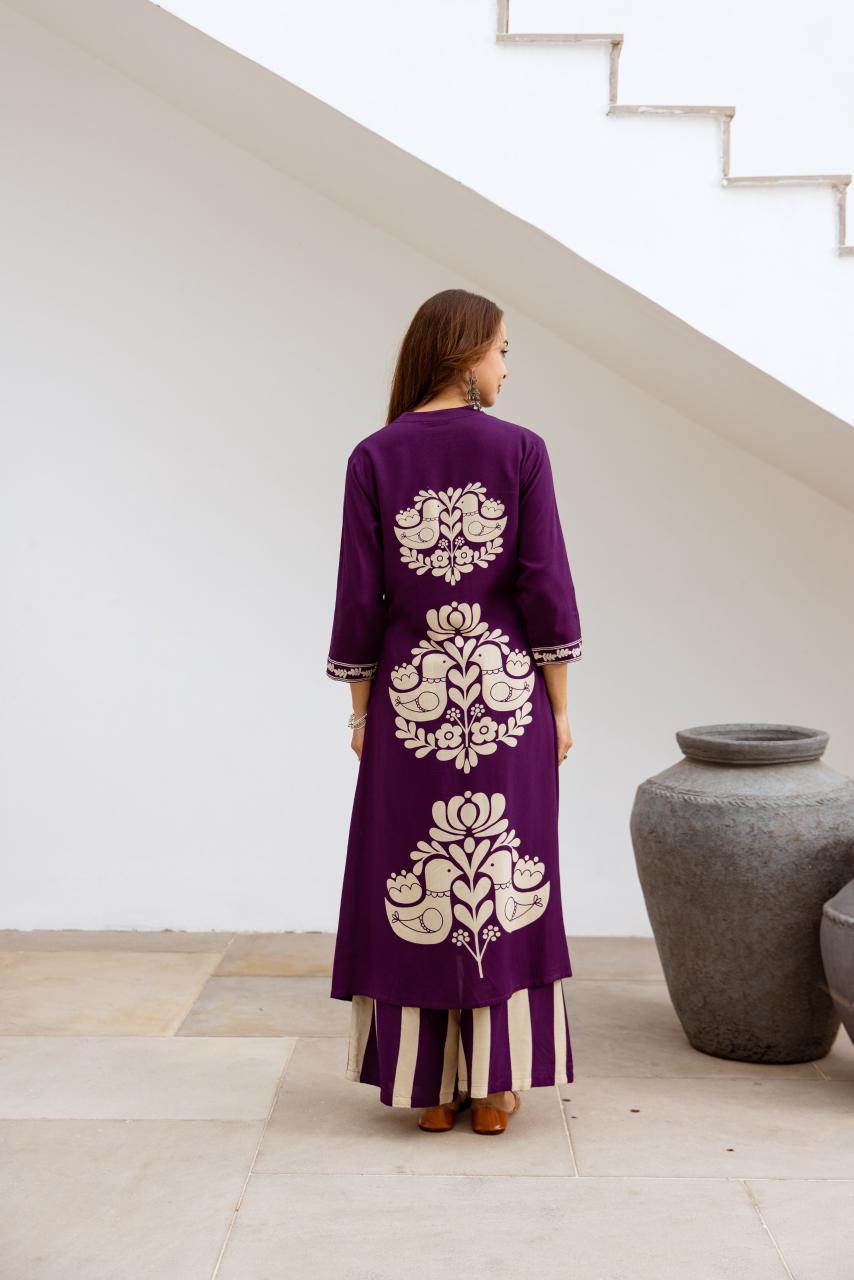 Purple love birds rayon digital printed co ord set