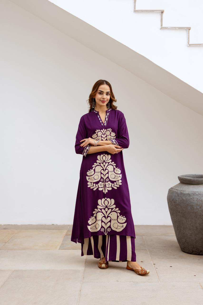 Purple love birds rayon digital printed co ord set