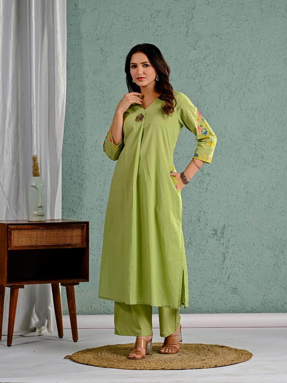 Wow cotton fully embroidered in green kurta pant