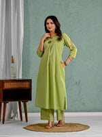 Wow cotton fully embroidered in green kurta pant