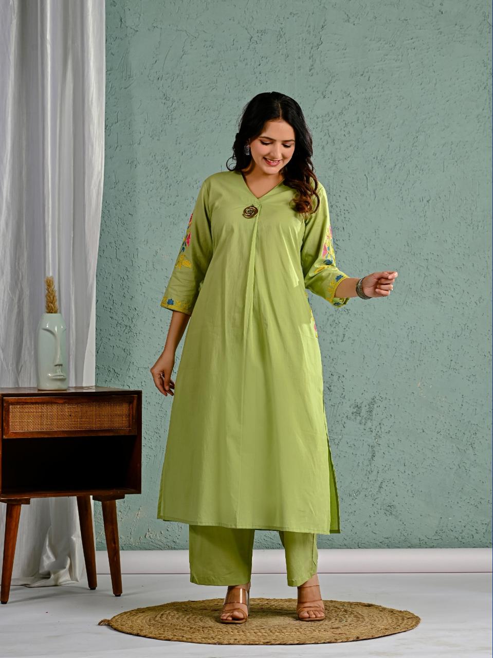 Wow cotton fully embroidered in green kurta pant