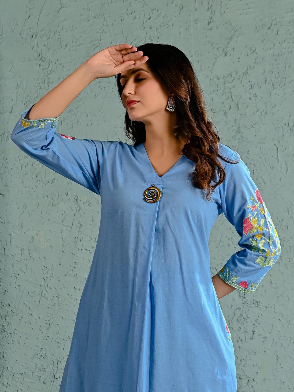 Wow cotton fully embroidered in blue kurta pant in blue