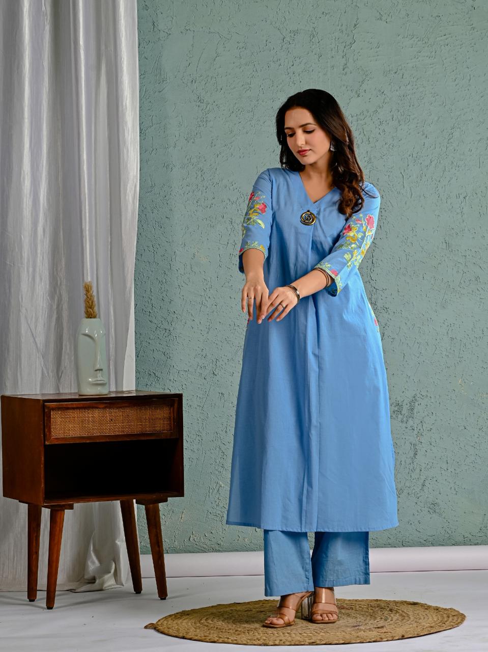 Wow cotton fully embroidered in blue kurta pant in blue
