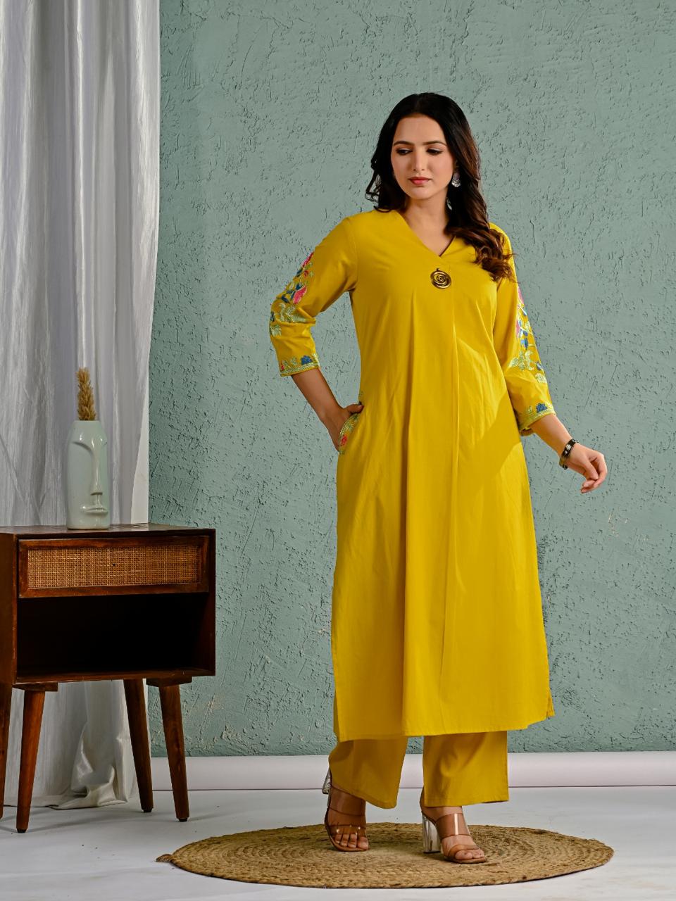 Wow cotton fully embroidered kurta pant in yellow