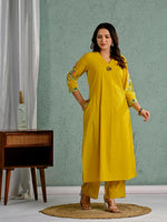 Wow cotton fully embroidered kurta pant in yellow