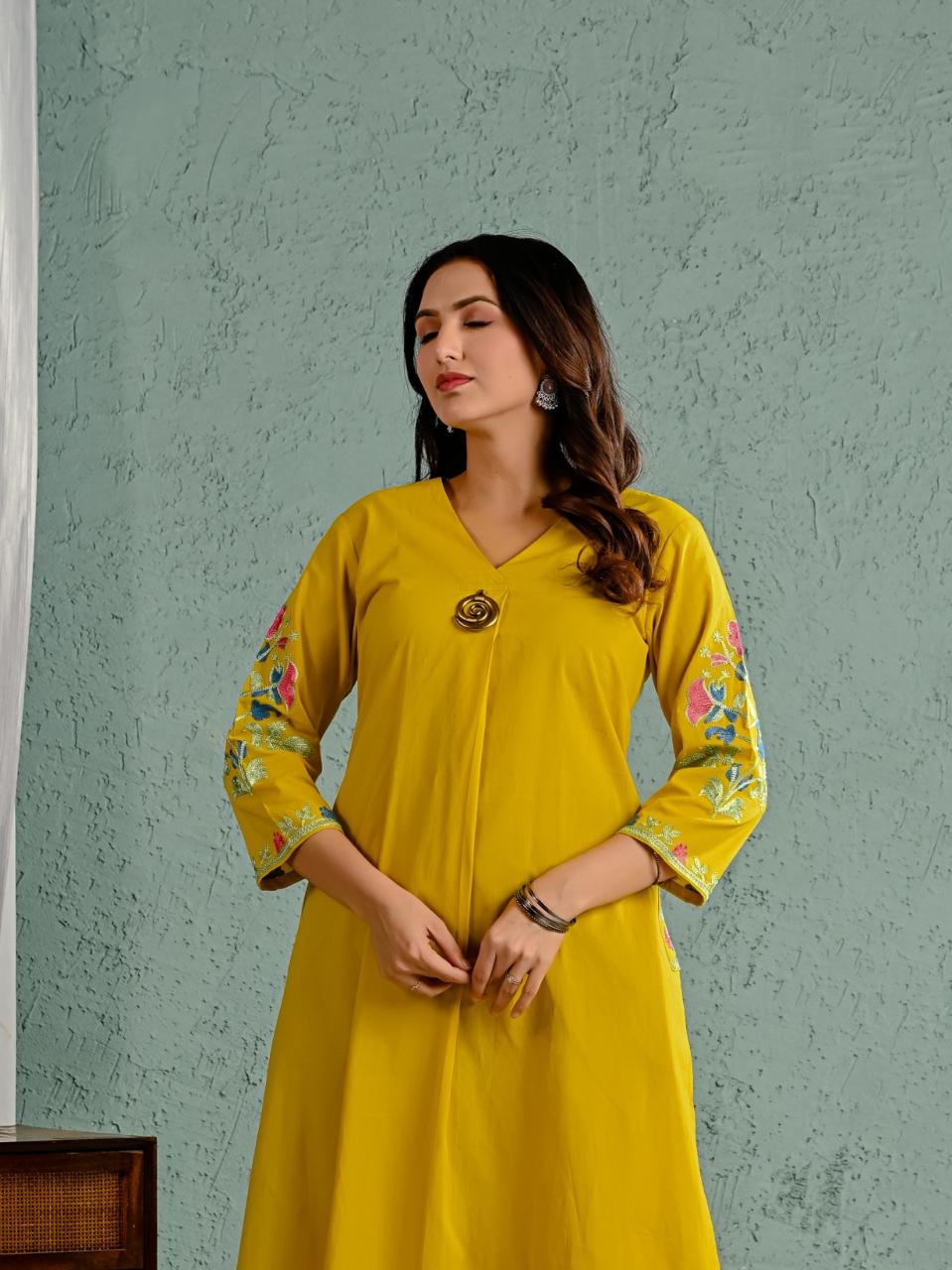 Wow cotton fully embroidered kurta pant in yellow