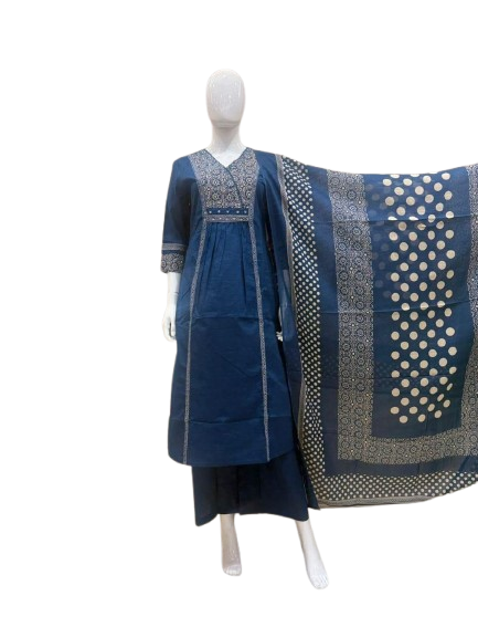 Smart cotton full suit set with pretty yoke in blue