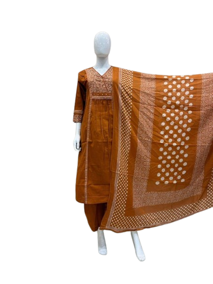 Smart cotton full suit set with pretty yoke in rust