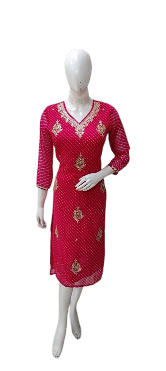 Rani pink semi georgette V neck gotta pati Kurti