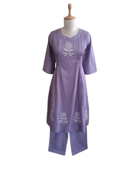 Pure cotton embroidered kurta pant in purple