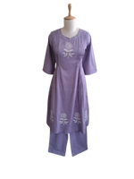 Pure cotton embroidered kurta pant in purple