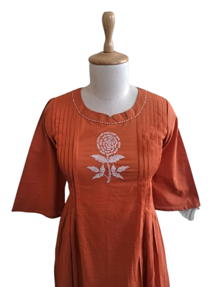 Pure cotton embroidered kurta pant in rust