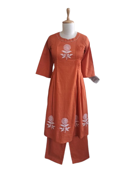 Pure cotton embroidered kurta pant in rust
