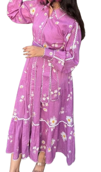 Pure cotton lining belt dress in purple