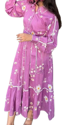 Pure cotton lining belt dress in purple