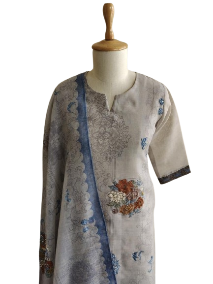 Linen Chanderi fully embroidered lining full suit set