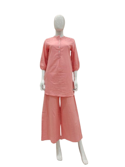 Designer Shifli cotton co ord in peach