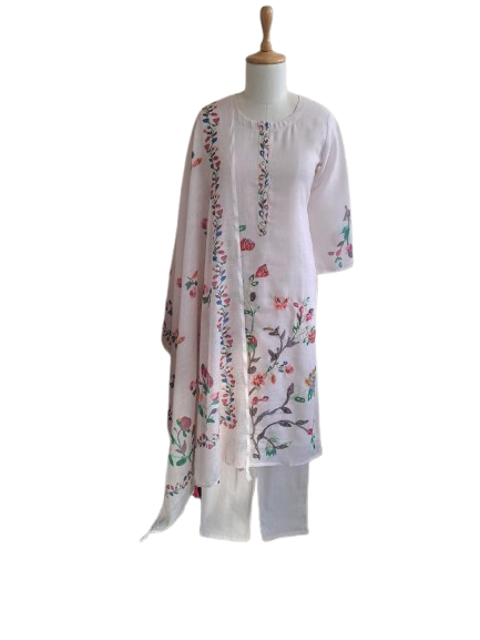 Linen Chanderi fully embroidered suit set