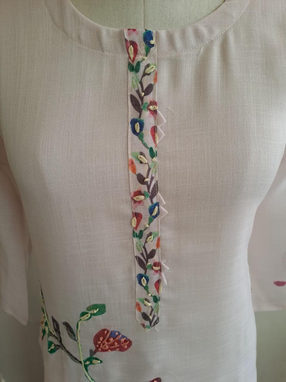 Linen Chanderi fully embroidered suit set
