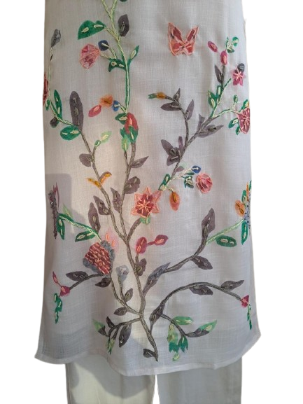 Linen Chanderi fully embroidered suit set