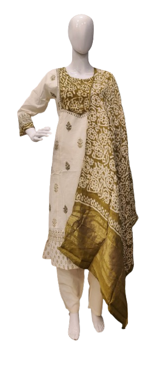 Cotton full suit set with silk dupatta