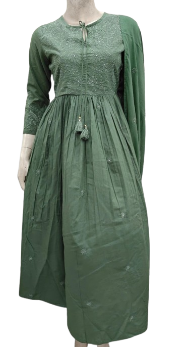 Pure cotton full embroidered suit set in green