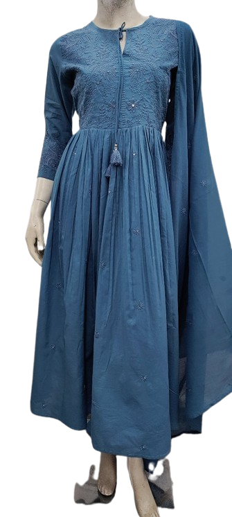 Pure cotton full embroidered suit set in blue