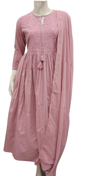 Pure cotton full embroidered suit set in pink