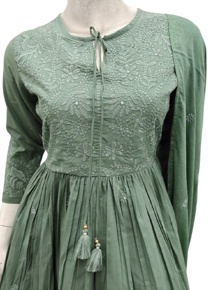 Pure cotton full embroidered suit set in green