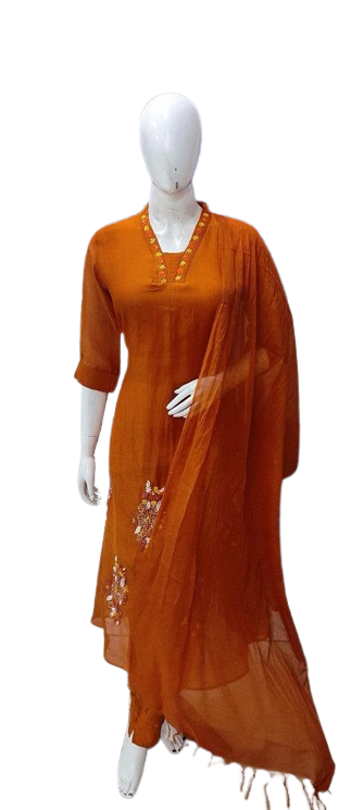 Embroidered Mul Chanderi suit set in rust