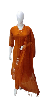 Embroidered Mul Chanderi suit set in rust