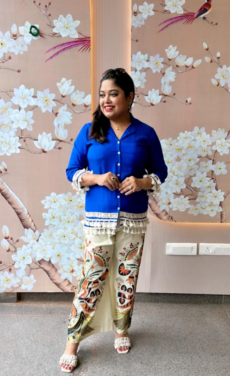 Pretty Mul silk top paired with linen cotton pants in blue