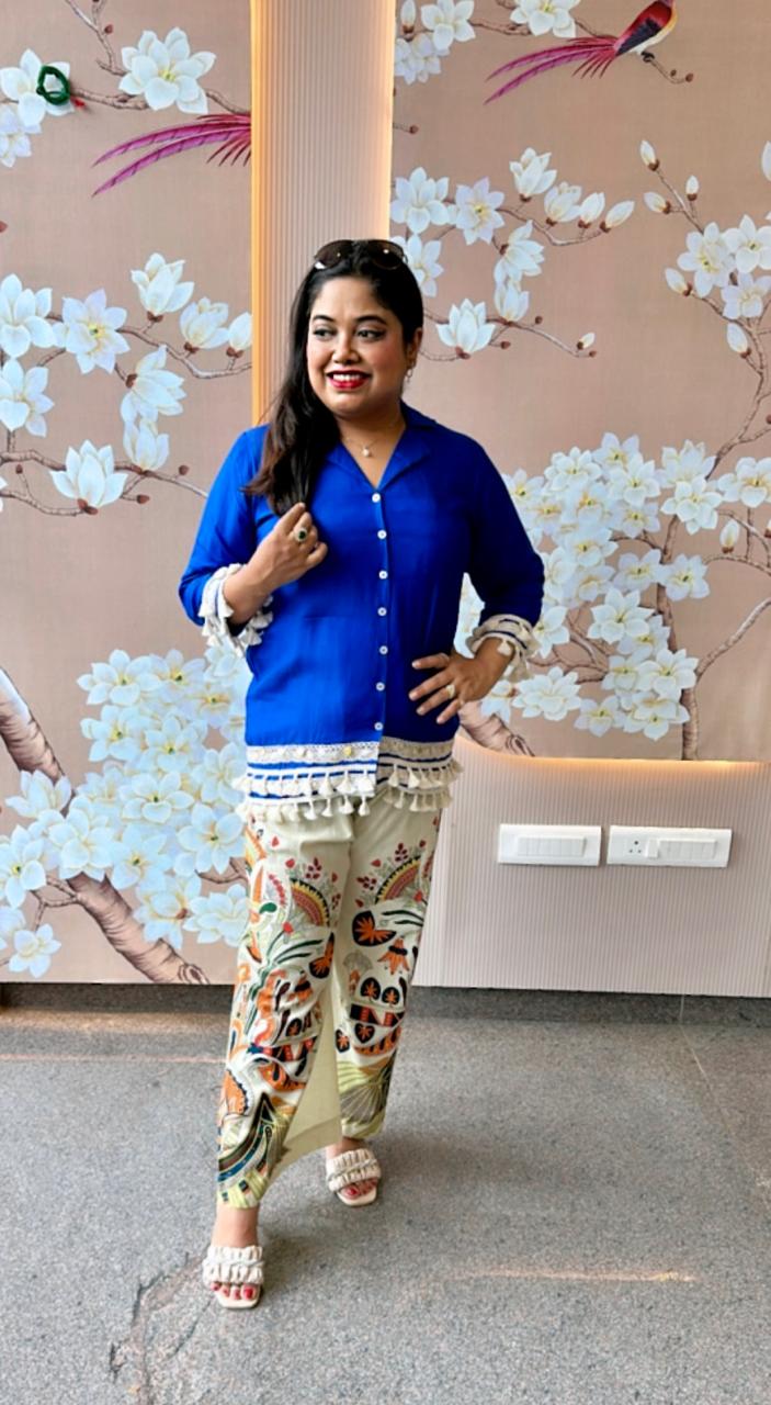 Pretty Mul silk top paired with linen cotton pants in blue