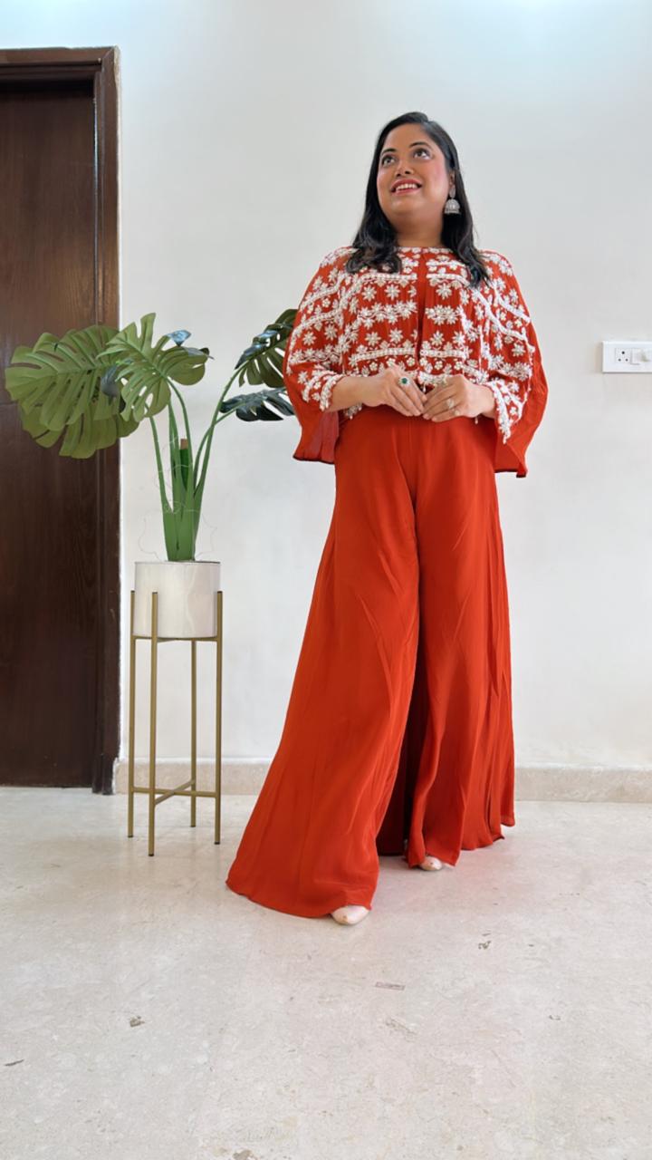 Handwork poncho cape n palazzo pant in crepe in rust